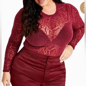 Nina Parker Womens Red Printed Party Wear Sheer Top Blouse Plus NWT